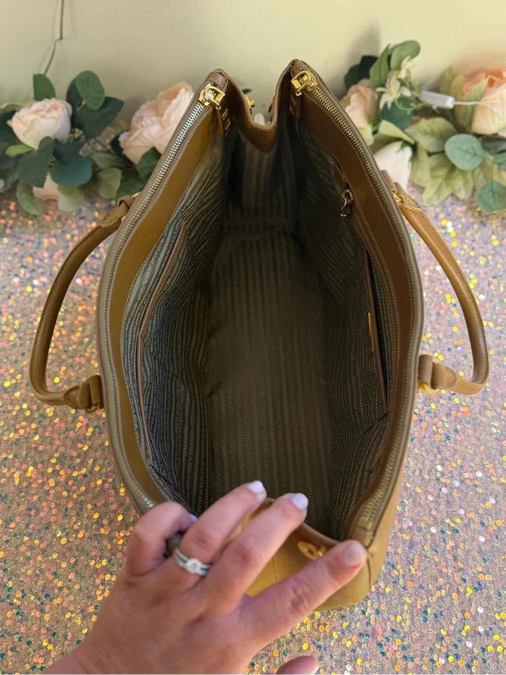 Authentic Prada Saffiano Lux XL Double Zip Executive Tote in Caramel - EUC